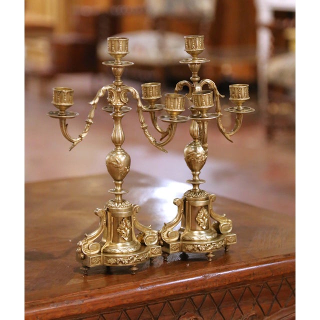 Elevate a mantel or console with this elegant pair of French bronze candelabra crafted in France around 1880. Designed in...