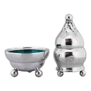 Early 20th Century Georg Jensen Sterling Silver & Enamel Pepper Shaker and Salt Cellar Pair #410 For Sale