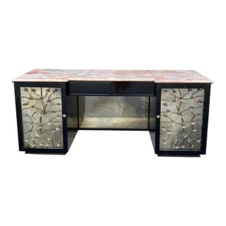 Hollywood Regency Lacquered & Mirrored Credenza / Vanity / Desk /Sideboard W/ Pink Marble & Tole Doo For Sale
