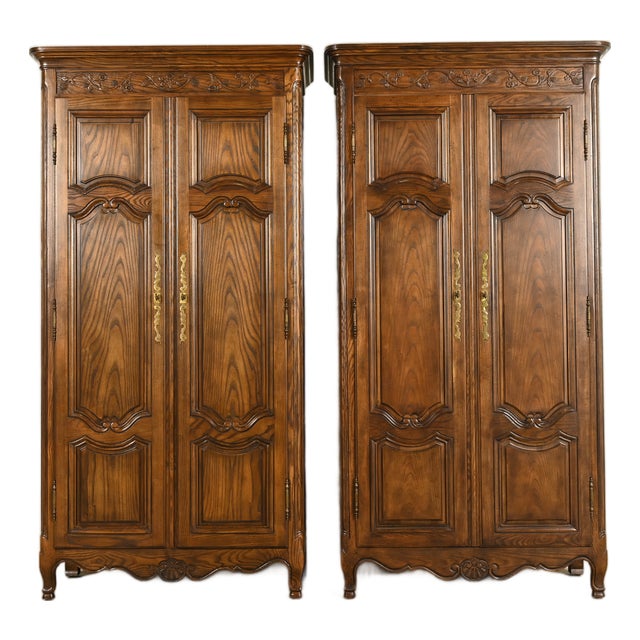 Baker Furniture French Provincial Louis XV Carved Oak Armoire Dressers or Linen Presses, Pair For Sale
