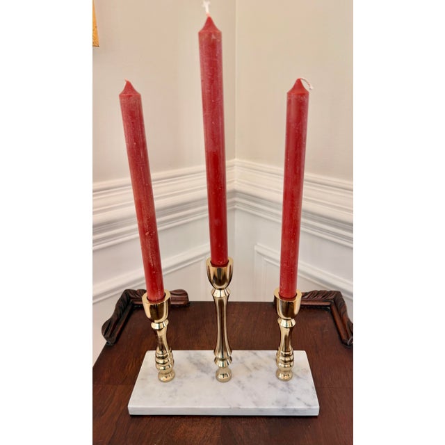 Hollywood Regency Brass Three-Candle Candelabra on White Marble Base For Sale - Image 4 of 11