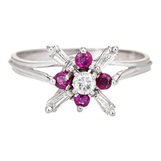 Mid 20th Century Diamond Ruby Star Ring Vintage 18 Karat White Gold Fine Cocktail size 6.25 For Sale