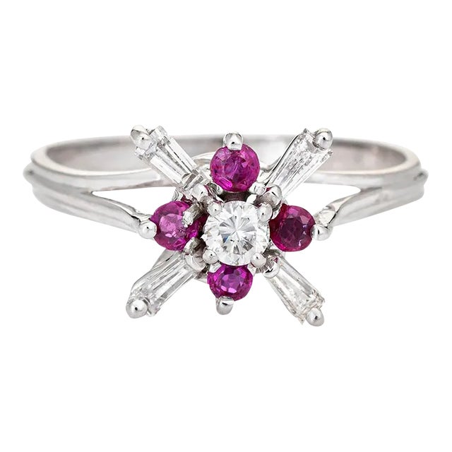 Mid 20th Century Diamond Ruby Star Ring Vintage 18 Karat White Gold Fine Cocktail size 6.25 For Sale