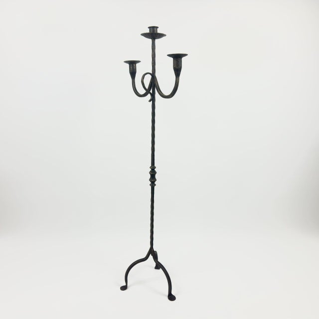 Hand Forged Wrought Iron Floor Candelabra 48″ (123cm) 3-Arm Candle Holder Antique Copper or Gold Patina Choice Rustic Wedding Decor For Sale - Image 6 of 9