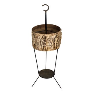 Mid-Century Umbrella Stand in Iron and Brass with Neo-Classical Relief, Italy, 1950s For Sale