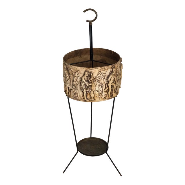 Mid-Century Umbrella Stand in Iron and Brass with Neo-Classical Relief, Italy, 1950s For Sale