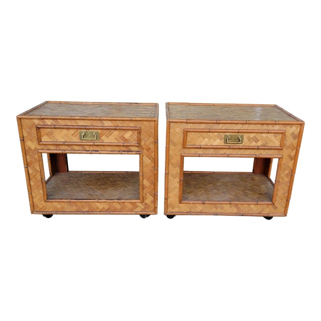 1970s Pair Woven Rattan Bedside Tables For Sale