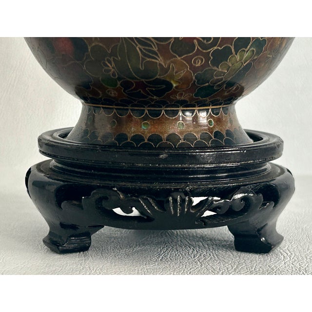 Metal Vintage Cloisonné Vase Earth Tones With Carved Wooden Base For Sale - Image 7 of 16