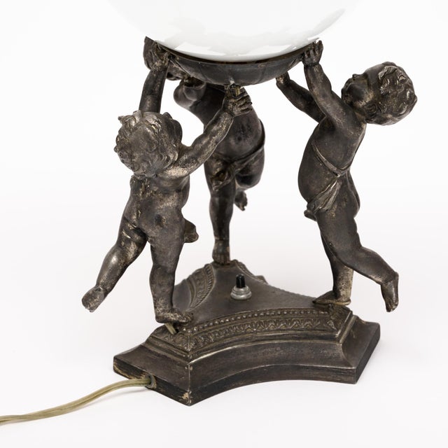 Metal Art Deco Period, French Table Lamp, Pewter Cupids For Sale - Image 7 of 8