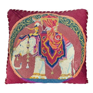 Vintage Hand Made Needlepoint Throw Pillow With Indian Royal Elephant Pattern For Sale