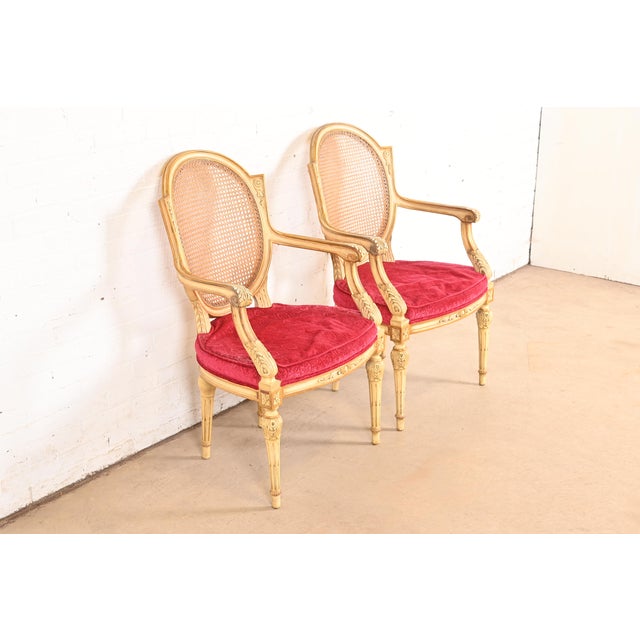 Henredon Karges French Regency Louis XVI Cream Lacquered Carved Walnut and Cane Back Armchairs, Pair For Sale - Image 4 of 14