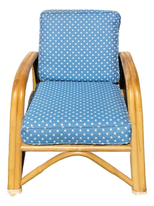 1960s Rattan Chair With Periwinkle Polka Dot Cushions
