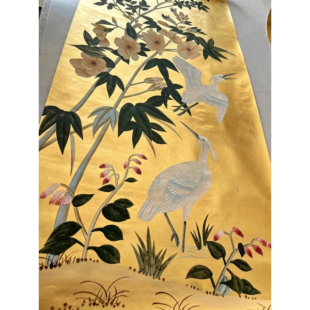 Chinoiserie Luxury Hand Painted Gold Leaf Wallpaper With Crane Birds & Floral Garden Design, Oriental Chinoiserie Diptych Wall Mural, Custom Designer Wallcovering For Sale - Image 3 of 5