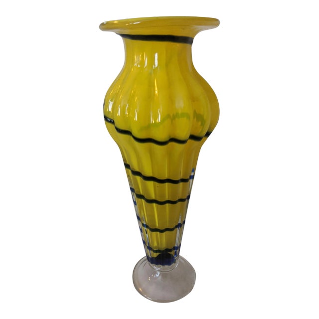 Mid 20th Century Yellow and Blue Murano Blown Glass Vase For Sale