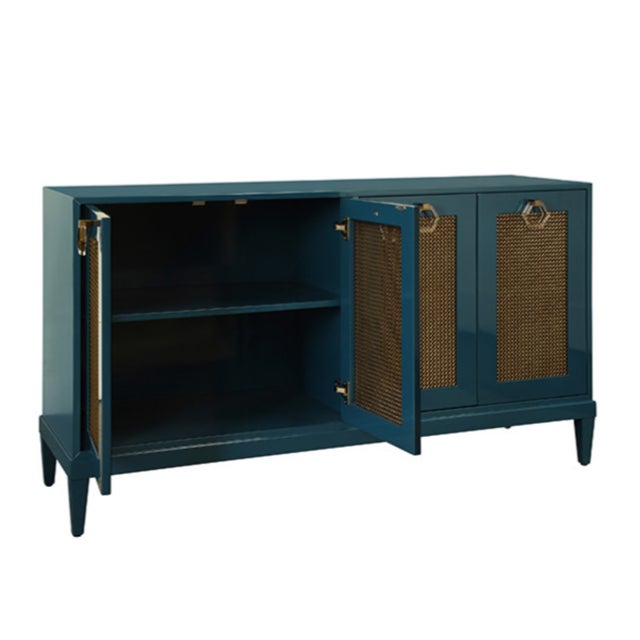 Worlds Away Matthew Izzo Home Marcella Glossy Teal Lacquer Four Door Buffet With Brass Mesh Doors and Acrylic Door Pulls For Sale - Image 4 of 7