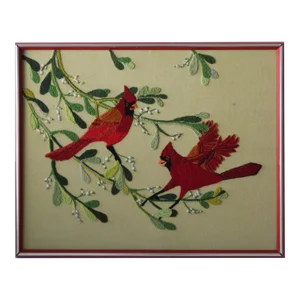 Vintage Mid Century Red Cardinals Green Branches Crewel Embroidery Wall Art