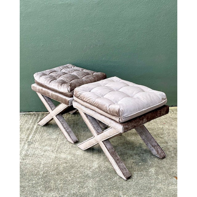 Vintage Tufted Velvet X Benches - A Pair For Sale - Image 4 of 12