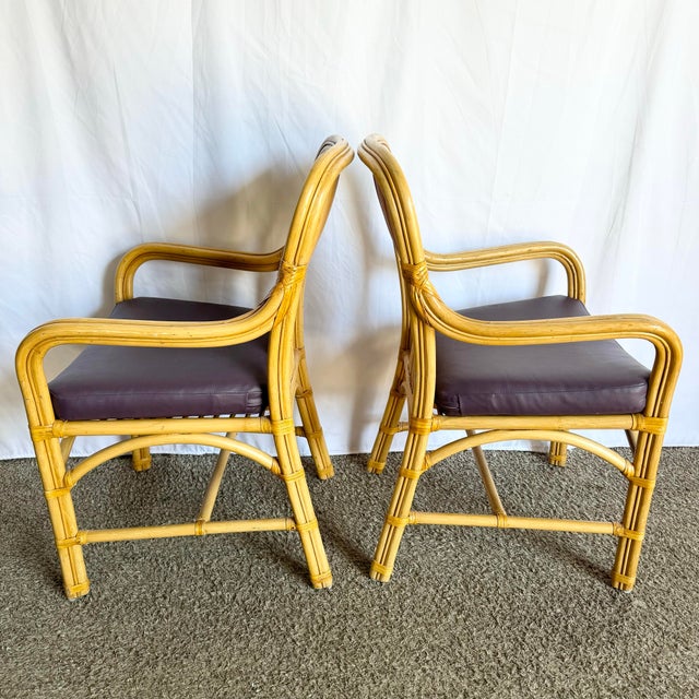 1980s Boho Chic Rattan Dining Arm Chairs With Purple Cushions - Set of 4 For Sale - Image 5 of 10