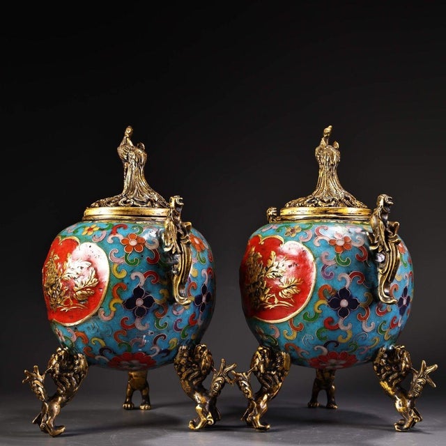Asian Late 19th Century Pair of Cloisonné Enamel Tripod Censers With Phoenix Finials, 2200g Total For Sale - Image 3 of 10
