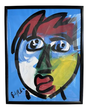 Contemporary Abstract Face Portrait Acrylic Painting by Peter Keil, Framed