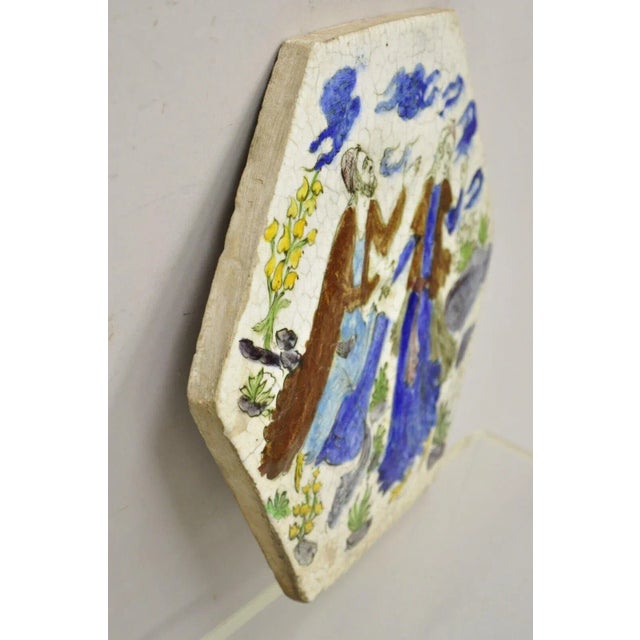 Early 1900s Antique Persian Iznik Qajar Style Ceramic Pottery Tile Hexagonal Blue Couple C5 For Sale In Philadelphia - Image 6 of 11