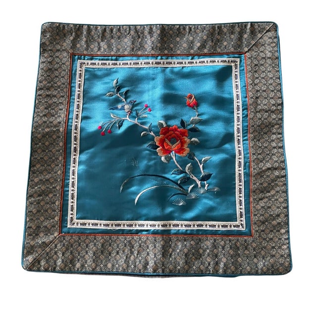 This is a set of vintage Asian-inspired accent pillow covers. They are made of a luxurious teal silk with a geometric silk...