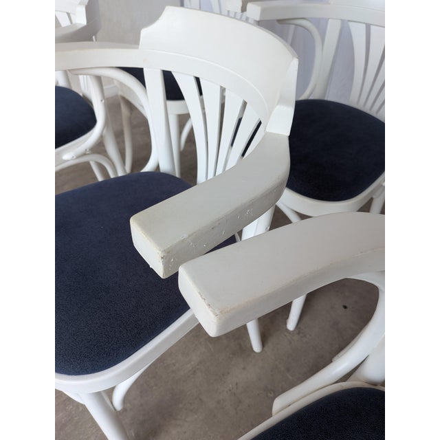Vintage White Bentwood Dining Chairs with Blue Fabric Seats, 1970s, Set of 6 For Sale - Image 4 of 18