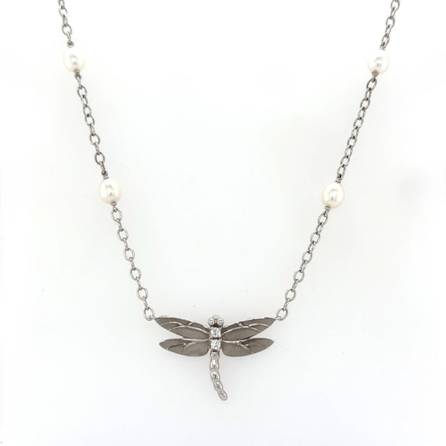 Early 21st Century Tiffany & Co. 18 Karat White Gold Diamond and Cultured Pearl Dragonfly Necklace For Sale - Image 5 of 8