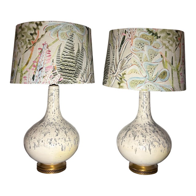 1950s Mid Century Modern Splatter Glaze Table Lamps With Botanical Shades - a Pair For Sale