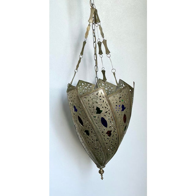 Silver Vintage Engraved Colored Glass Lantern For Sale - Image 8 of 12