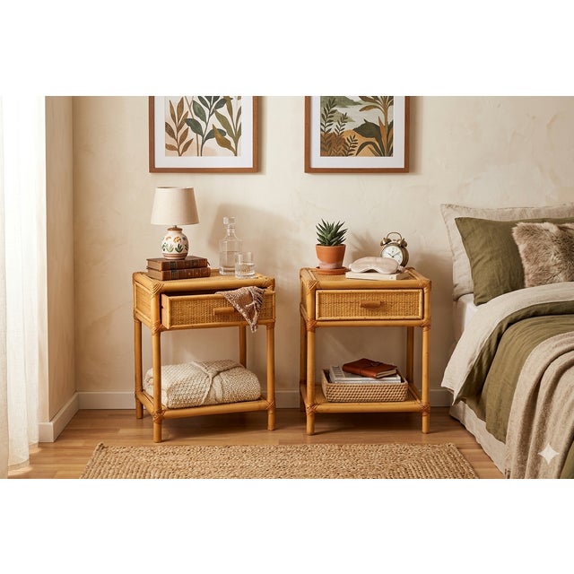 Mid-Century Modern Mid-Century Modern Bamboo and Wicker Bedside Tables, Italy, 1970s, Set of 2 For Sale - Image 3 of 18