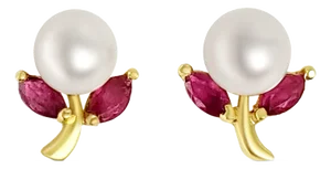 Pearl & Ruby Floral Shaped Studs 14k Yellow Gold, 2 Pieces