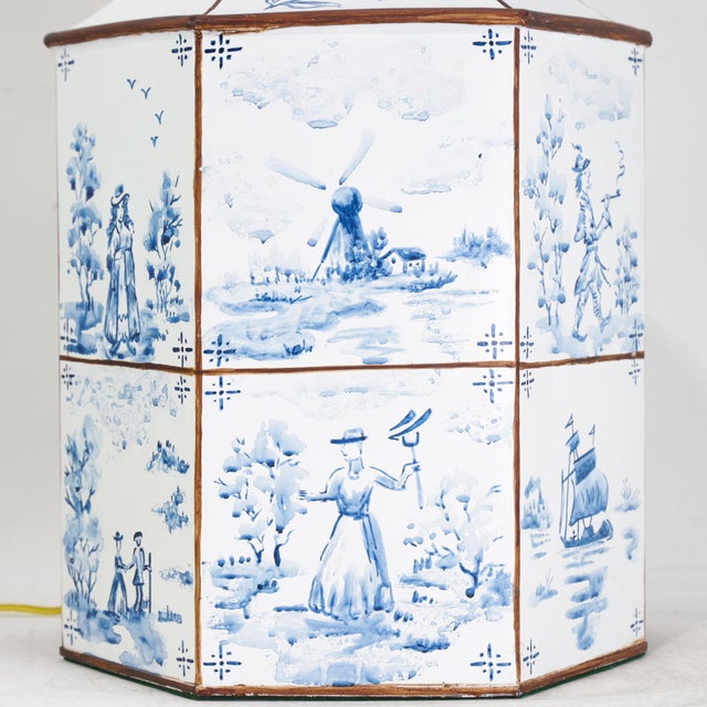 A Pair of Vintage Hand-Painted Blue and White Imitation Dutch Tile Landscape Tea Can Table Lamps For Sale - Image 9 of 14