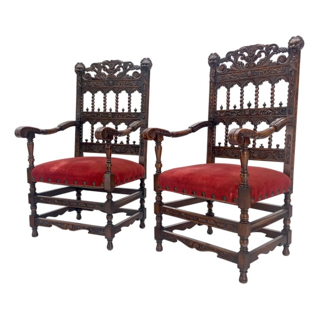 Fine Carved North Winds Faces Heavy Oak Arm Chairs Twisted Spindles c1900s MINT For Sale