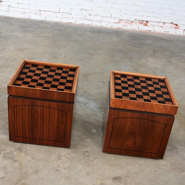 1965 Mid Century Modern Lane Rolling Cube Storage Ottoman End Tables With Game Board & Black Vinyl Flip Table Top a Pair For Sale - Image 9 of 12