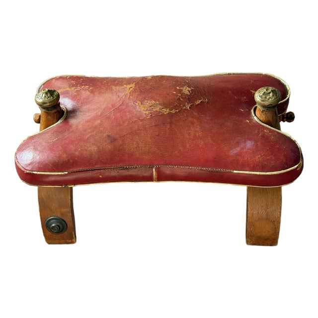 Vintage Camel Chair in Red Leather With White Piping. For Sale