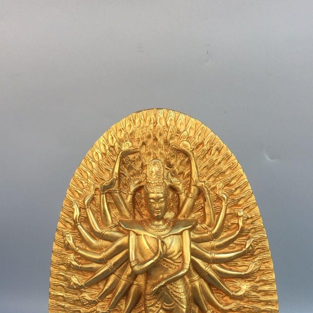 Late 20th Century Late 20th Century Gilt Brass Thousand-Armed Avalokiteshvara Sculpture, Standing Lotus Statue For Sale - Image 5 of 9