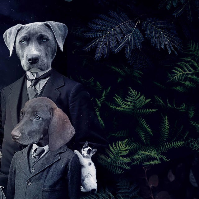 This artwork presents a whimsical tableau where human figures are adorned with the faces of various dogs, creating a...