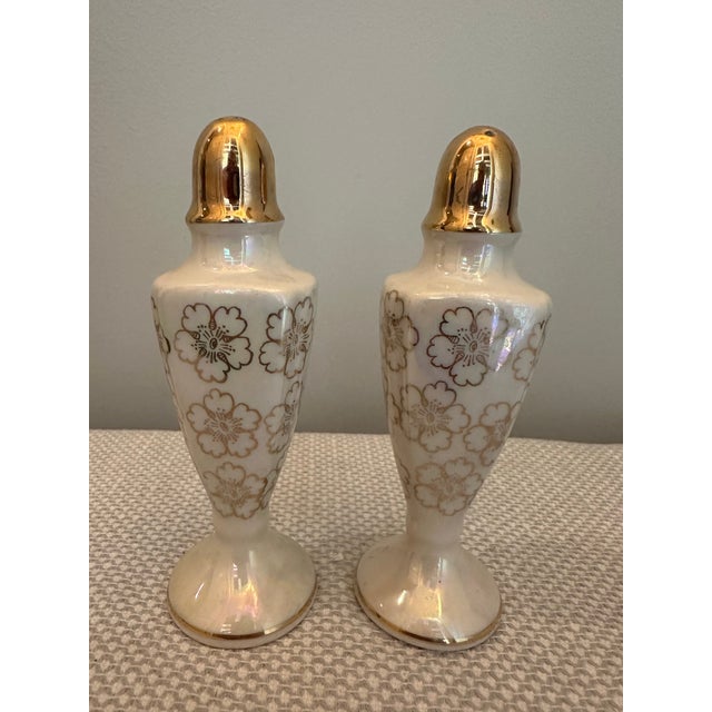 Hollywood Regency Vintage Homer Laughlin Iridescent Salt & Pepper Shakers Floral Nautilus Lusterware For Sale - Image 3 of 4