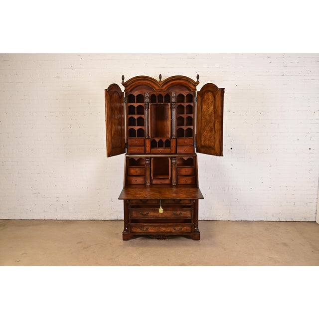 Baker Furniture Company Baker Furniture Style Georgian Carved Walnut and Burl Wood Bureau With Drop Front Secretary Desk For Sale - Image 4 of 13