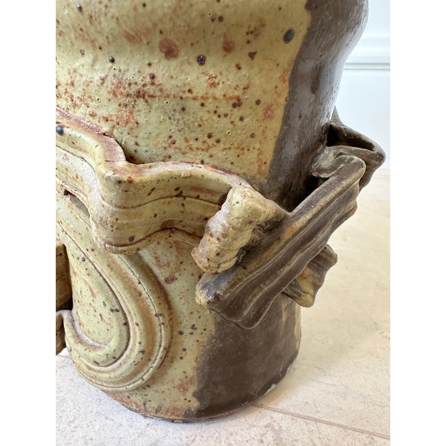 1970’s Vintage Brutalist Large Handmade Pottery Handled Vessel For Sale - Image 11 of 15