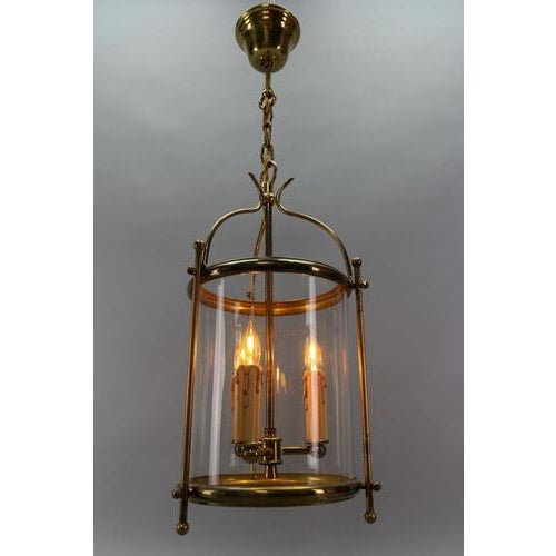 French Neoclassical Brass and Clear Glass Round Hanging Lantern, 1950s For Sale - Image 13 of 18
