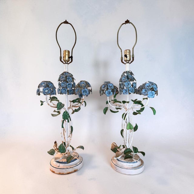 Italian Vintage Italian Hand-Painted Tole Floral Table Lamps, Made in Italy - a Pair For Sale - Image 3 of 12
