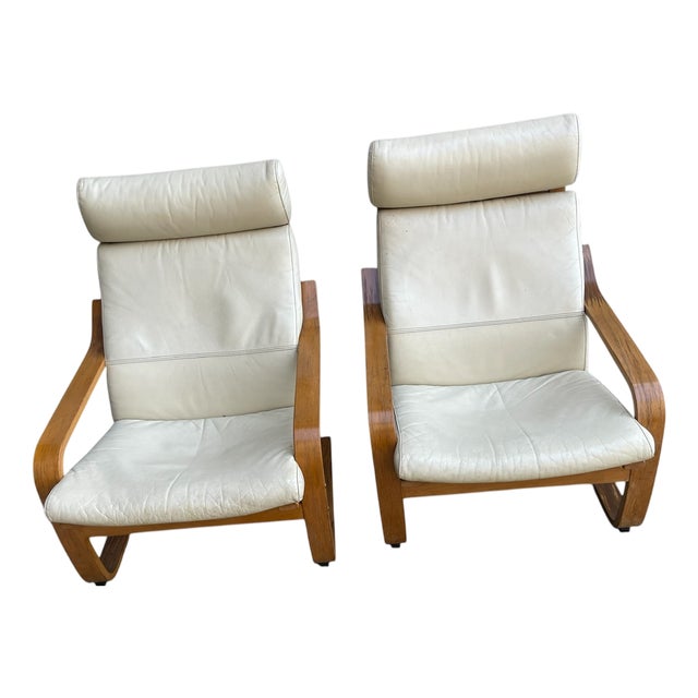 Vintage Wooden Leather Poang Armchairs from Ikea, 1990s, Set of 2 For Sale