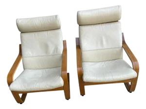 Vintage Wooden Leather Poang Armchairs from Ikea, 1990s, Set of 2