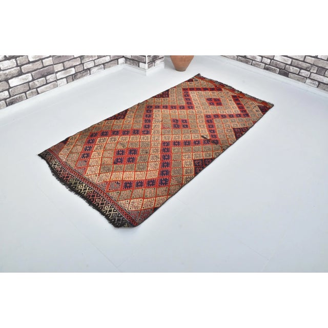 Textile 1960s Ruby- Red Color Geometric Pattern Handmade Kilim Runner For Sale - Image 7 of 11