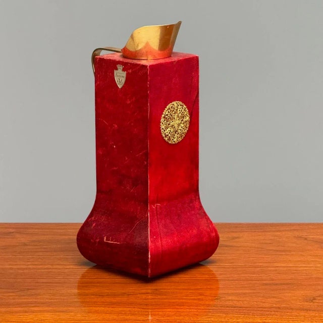 Aldo Tura, Italian Mid-Century Modern, Carafe or Decanter, Brass, Red Lacquered Goatskin This Aldo Tura carafe is a...