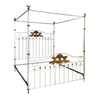 Hollywood Regency King-Size Wrought Iron Canopy Poster Bed With Distressed Silver Finish & Gilt Accents For Sale
