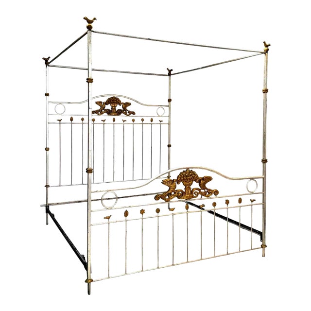 Hollywood Regency King-Size Wrought Iron Canopy Poster Bed With Distressed Silver Finish & Gilt Accents For Sale