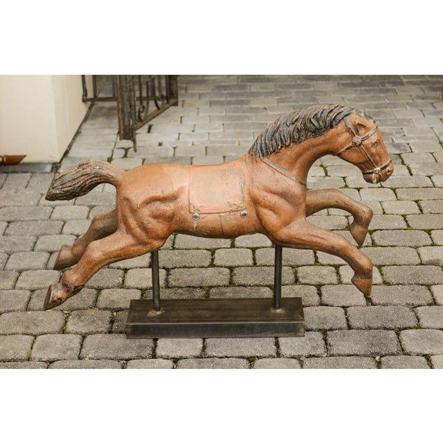 Vintage 1940s Folk Art Painted Iron Child Riding Horse Mounted on Custom Base For Sale - Image 9 of 12